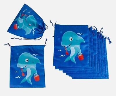 Paquete de 12 bolsas con cordón de tiburón azul, bolsas de regalo de fiesta para niños