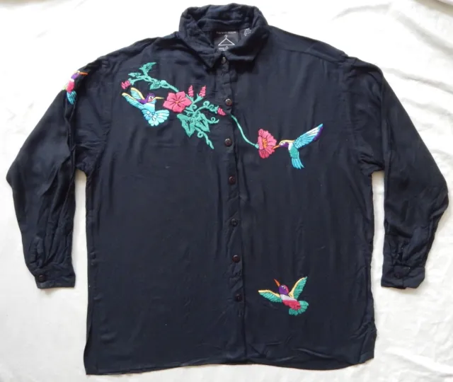 Black Hummingbird Embroidered Long Sleeve Button Down Shirt - Large Womens Bird