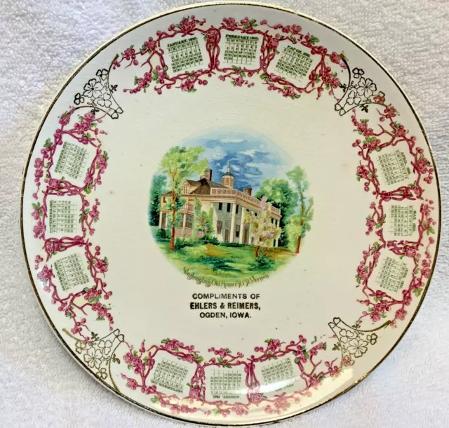 1910 Dresden China Calendar Plate, Ehlers & Reimers, Ogden, Iowa