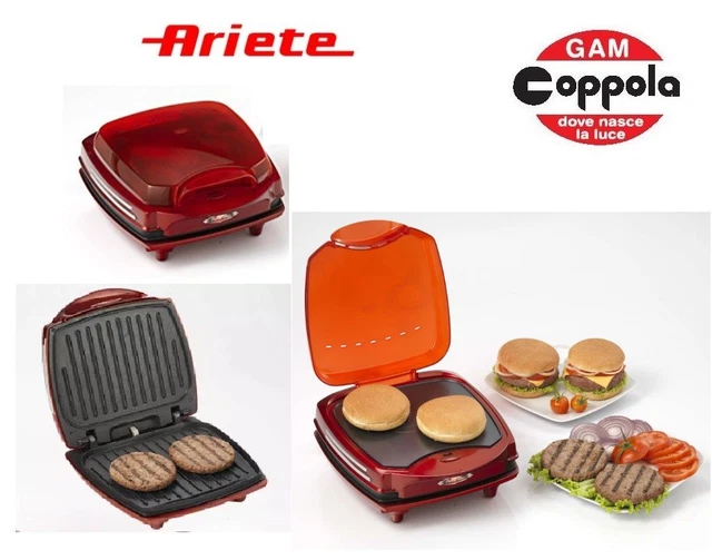 Ariete Hamburger Maker Party Time - Piastre Doppie Antiaderenti, 1200W, Rosso Anni '50