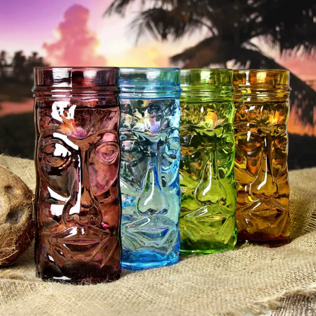 Coloured Glass Tiki Mugs 400ml - Set of 4 - Gift Boxed Glass Cocktail Cups