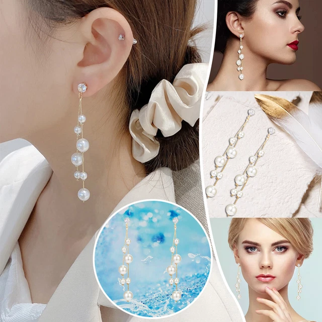 Pressure Earrings Long Double Tassel Pearl Earrings Thin Dangle Gold Elegant