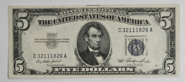 1953 $5 Five Dollars Silver Certificate Note C32111826A