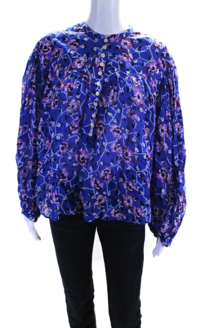 Isabel Marant Etoile Women's Cotton Floral Print V-Neck Blouse Blue Size 40