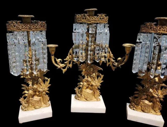 ANTIQUE set Victorian girandole French crystal candelabra candle holders brass