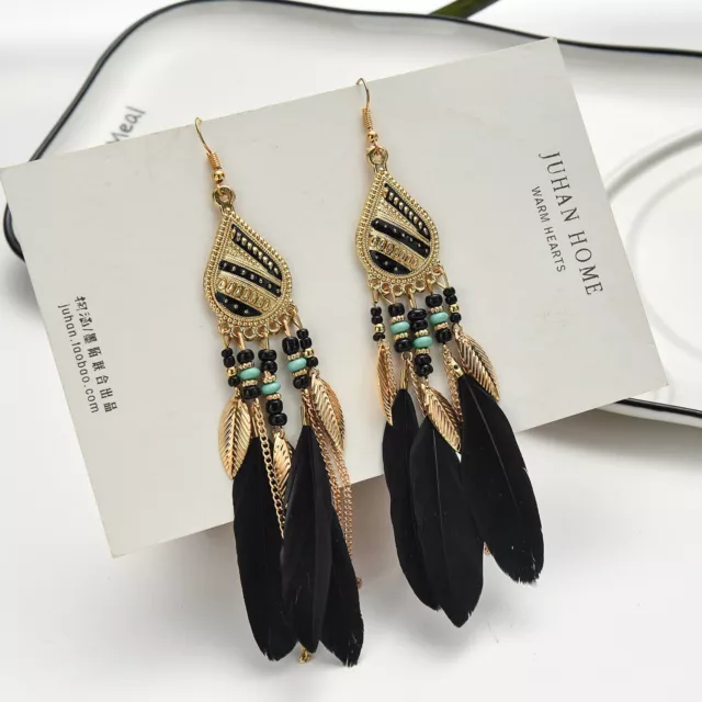 BOHO Feather Beaded Earrings Fringe Tassel Bohemian Ethnic Dangle Drop Handmade