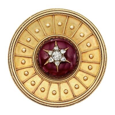 Victorian Yellow Gold, Garnet, and Old Mine Cut and Rose Cut Diamond Brooch