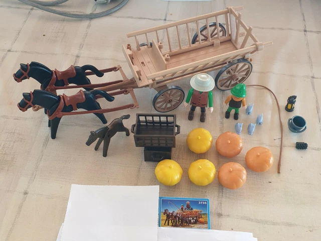 PLAYMOBIL VINTAGE MÉDIÉVAL charrette paysans poules set 3735 de 1992