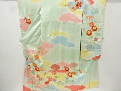 72662# Japanese Kimono / Antique Furisode / Embroidery / Ume Blossoms & Kiku