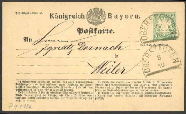 Altdeutschland Bayern 1875 Ganzsachen-Postkarte P1 Oberstaufen n. Weiler