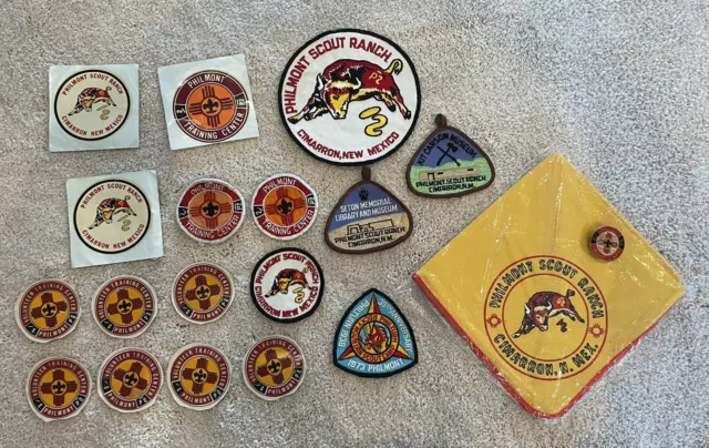 Vintage 1970s Boy Scout Lot - Philmont Patches, Neckerchief & Slide, & Stickers
