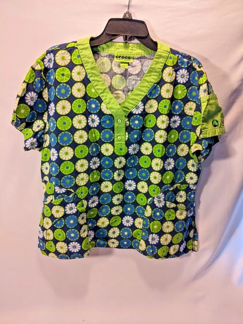 Crocs Medical Apparel Women Size XL, Scrub, Button Up, Flower Print Short Sleeve