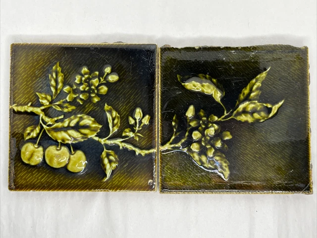 2 Antique Cherry Branch Majolica Tiles 6" Green United States Encaustic Tile Co