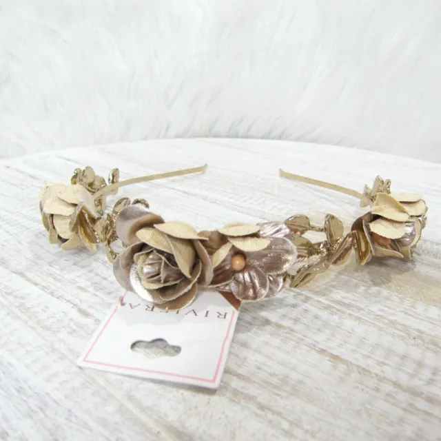 Riviera Gold Metal Leaves with Faux Leather Rose Gold Flowers Headband New!