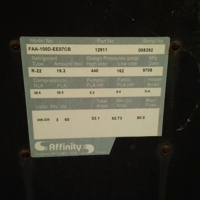 Affinity Chiller Model No FAA-100D-EE07CB Working Condition Unknown As Is