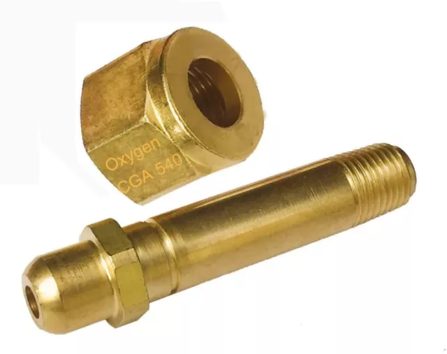 CGA-540 Nut & 3" x 1/4" NPT Stem Nipple, Oxygen Regulator Inlet to Tank