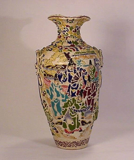 Vtg Satsuma Moriage Embossed Warrior Designs-12" Tall