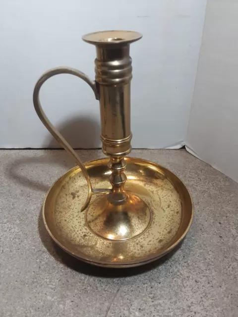 Solid Brass Chamberstick Candle Holder Handle & Saucer Drip Tray Vintage 7"