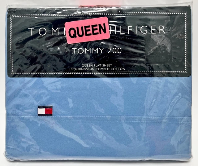 Vintage Tommy Hilfiger Queen Flat Sheet Blue 100% Cotton Logo 90x102 NIP