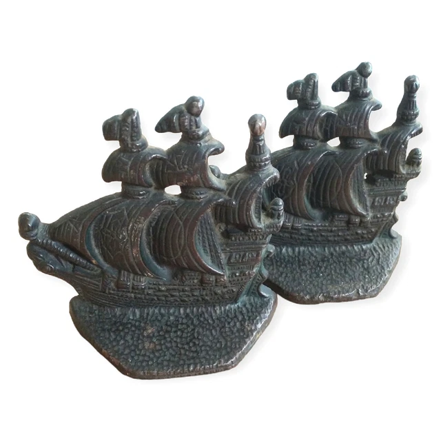 ANTIQUE 1920S CAST Iron Spanish Galleon Ships Set of Bookends 4