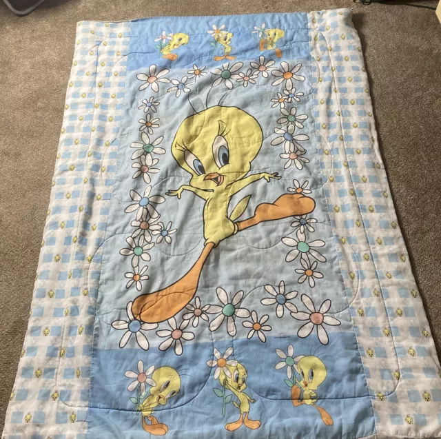 Vintage 1998 WB Looney Tunes Tweety Bird Reversible Blue Checkered 90s Comforter