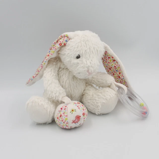 Doudou lapin blanc rose fleurs balle hochet POMMETTE - 28683