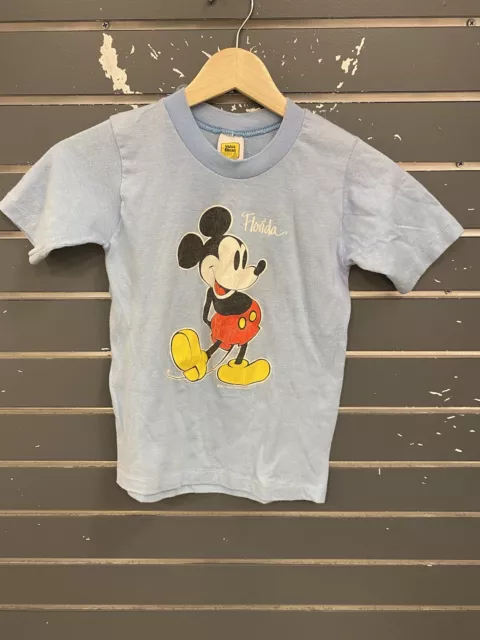 Vtg 80s Walt Disney Mickey Mouse Florida Graphic  Velva Sheen T Shirt Blue Sz M