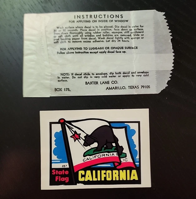 BAXTER LANE CO California State Flag VTG Travel Luggage Water Decal Sticker #287