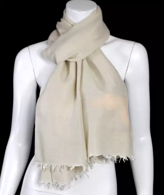 LORO PIANA Metallic Beige Cashmere Blend Twill White Fringe Rectangular Scarf