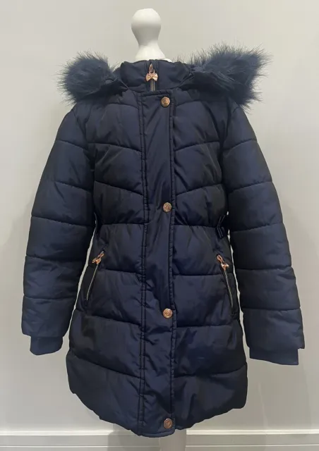 Ted Baker Girls Navy Blue Padded Quilted Warm Hood Coat Age 7 Years Good Cond