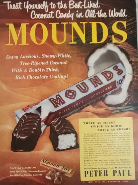 1950 Print Ad Mounds Candy Bar Chocolate Coconut Advertisement Ephemera Art