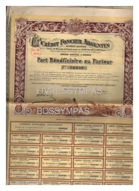 PART BENEFICIAIRE CREDIT FONCIER ARGENTIN 1906 (réf 3)