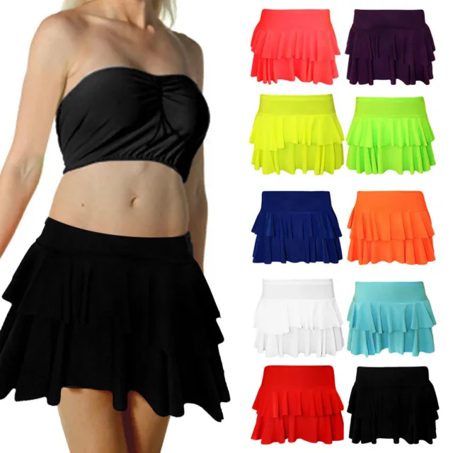 Ladies Womens Rara Two Tier Frill Gym Dance Neon Mini Skirts Fancy Dress Party