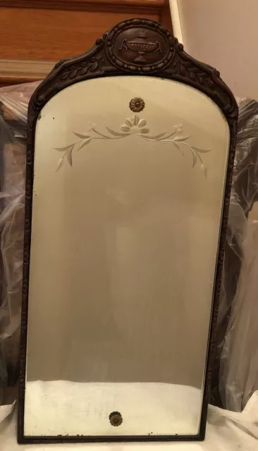 Antique Etched Glass Wall Mirror Etched Floral Carved Wood Frame 11” X 23”