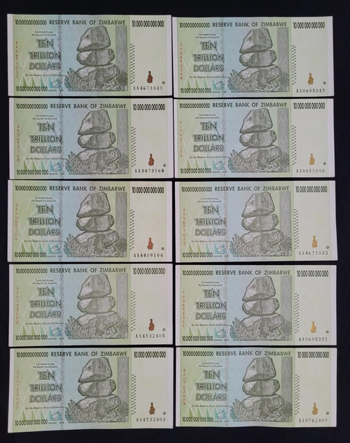 Zimbabwe 10 x 10 Trillion Dollars 2008 - Pick- 88 - Lot 10 PCS