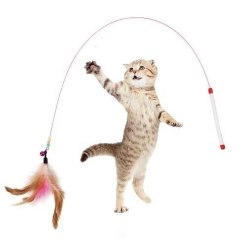 Cat Kitten Toy Feather Wand Stick Cat Teaser Dangle Bell Interactive Play Toys U