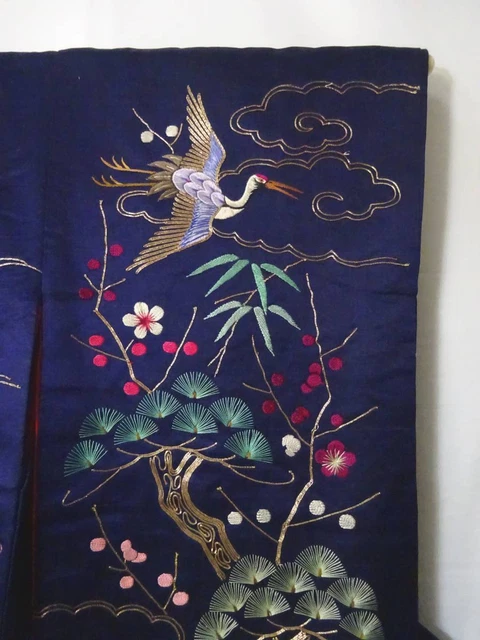 Japanese Kimono Uchikake Luxurious Wedding Embroidery Pure Silk Crane Navy K143 8