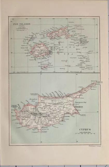 1885 Map Fiji Islands Viti Levu ~ Cyprus Famagusta