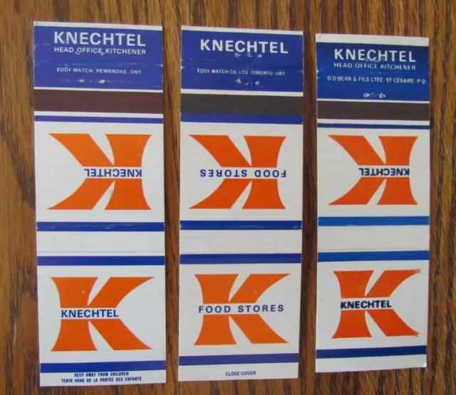 Knechtel Supermarket (Hq: Kitchener, Ontario) Lot Of 3 Matchbook Matchcovers -F9
