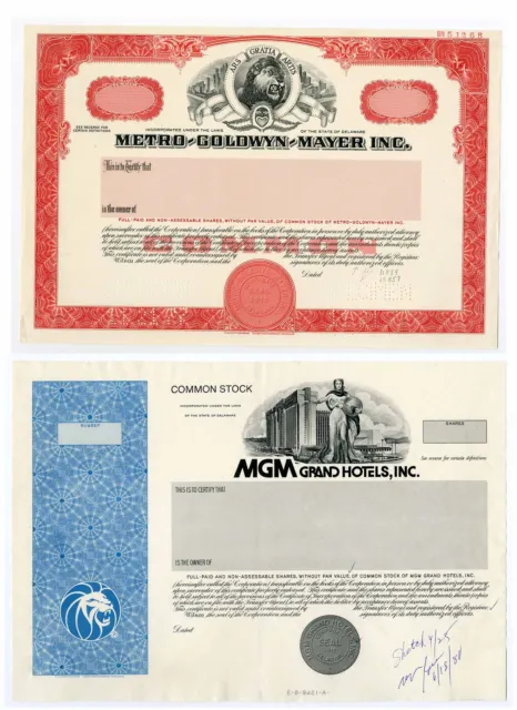 Metro-Goldwyn-Mayer Inc., 1940s & MGM Grand Hotels, Inc., 1980s Pair of Certs.