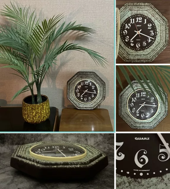 Vintage German Green Ceramic Fat Lava Wall Clock Peter Quartz Mid Century Modern