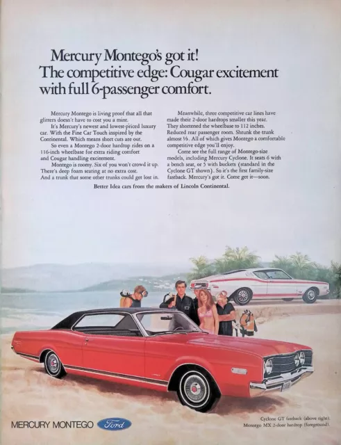 Print Ad 1968 Red Ford Mercury Montego MX 2 Door Hardtop White Cyclone GT Beach