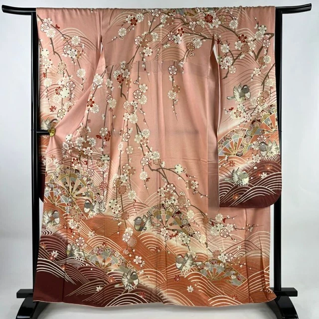 Japanese Kimono Furisode Pure Silk Unicycle Mandarin Duck Gold Paint Pink Color