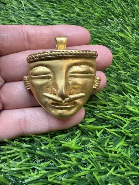 Vintage 24k Gold Plated Shamanic Pre-columbian Tribal Face Pendant Brooch Pin