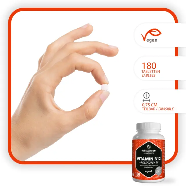 (443,78€/kg) Vitamin B12 1000 µg hochdosiert + B6 B9 180 Tabletten VEGAN 3