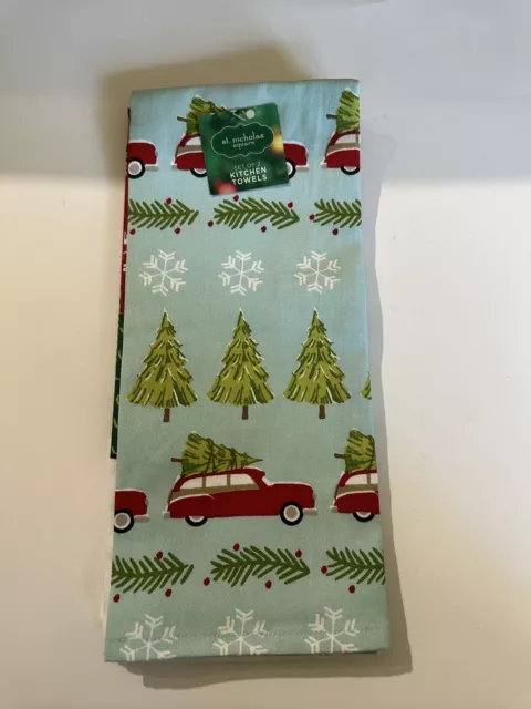 ST. Nicholas Square Kitchen Towels Set of 2 Christmas Woody Wagon Trucks Pick Up
