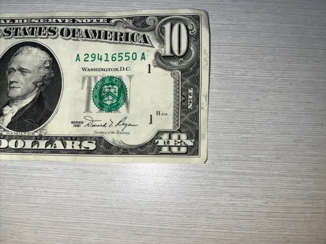 Series 1981 ~ US Ten Dollar Bill Note $10 ~ Possible Ink Error~A29416550 A 3