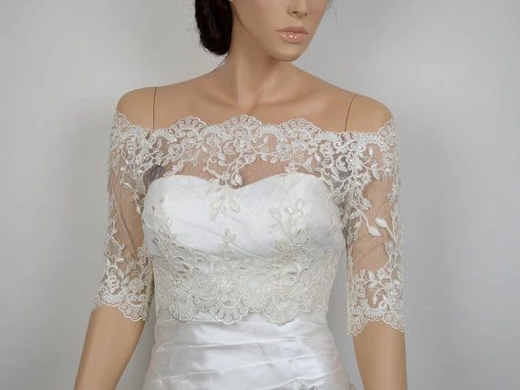 OFF SHOULDER IVORY LACE bolero jacket Half Sleeves Appliqued Wedding Jacket 10.00 PicClick UK