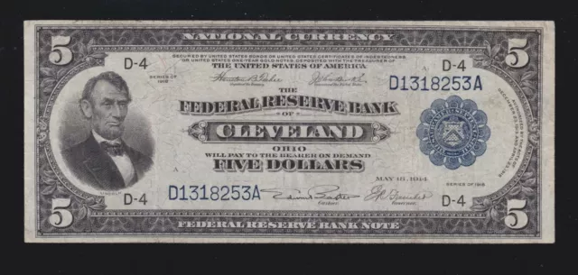 US 1918 $5 FRBN Cleveland Note FR 785 VF (253)