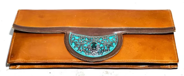 beautiful genuine leather clutch ladies purse having silver filigree w gemstone